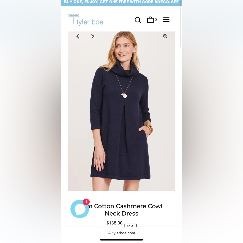 Tyler Boe EUC Kim Cotton Cashmere Cowl Neck Dress, Navy Blue, Sz XS